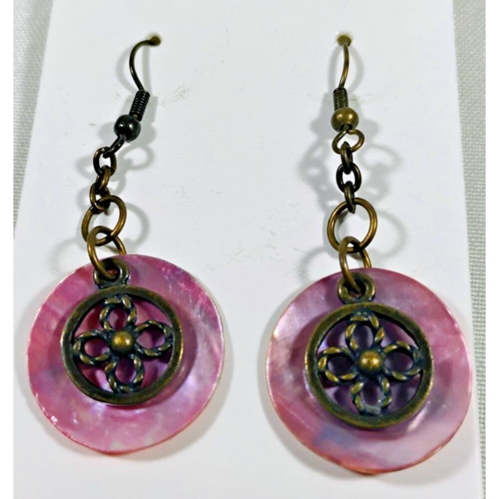 Vintage Dangle Earrings Pink Mother of Pearl Disc Brass Filigree Floral Charm